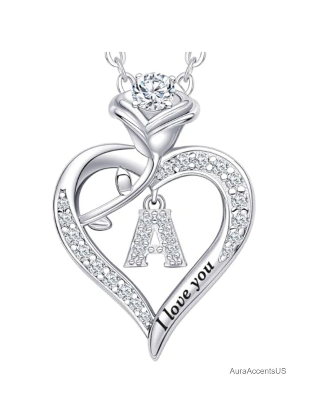 Moissanite Sterling Silver Rose Heart Pendant Necklace, Engraved Love Gift for